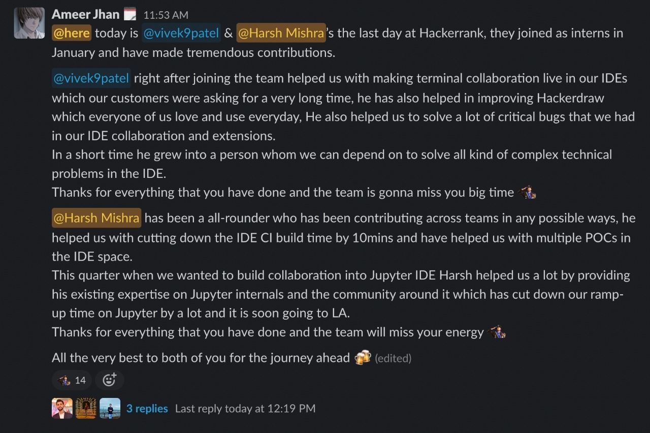 Last Slack message by Ameer Jhan