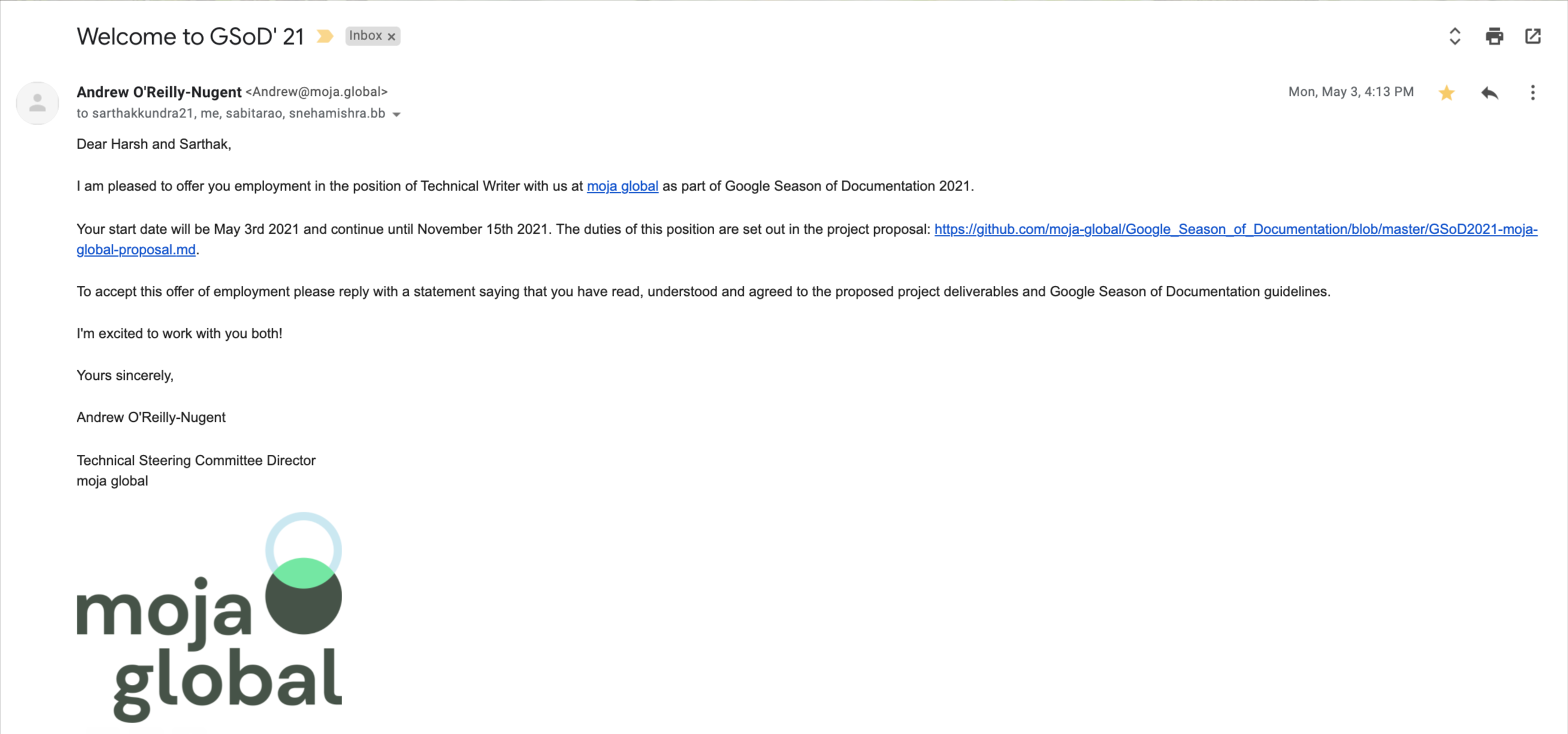 GSoD Acceptance Mail at moja global